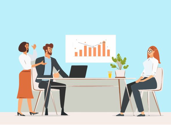 A flat vector illustration of a businessman giving a presentation to his team in a modern office setting.