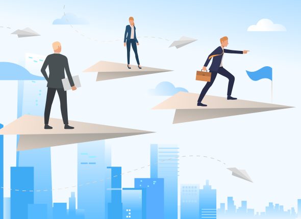 Business people standing on flying paper planes