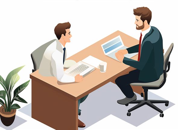 Individual at Desk Engaged in Discussion