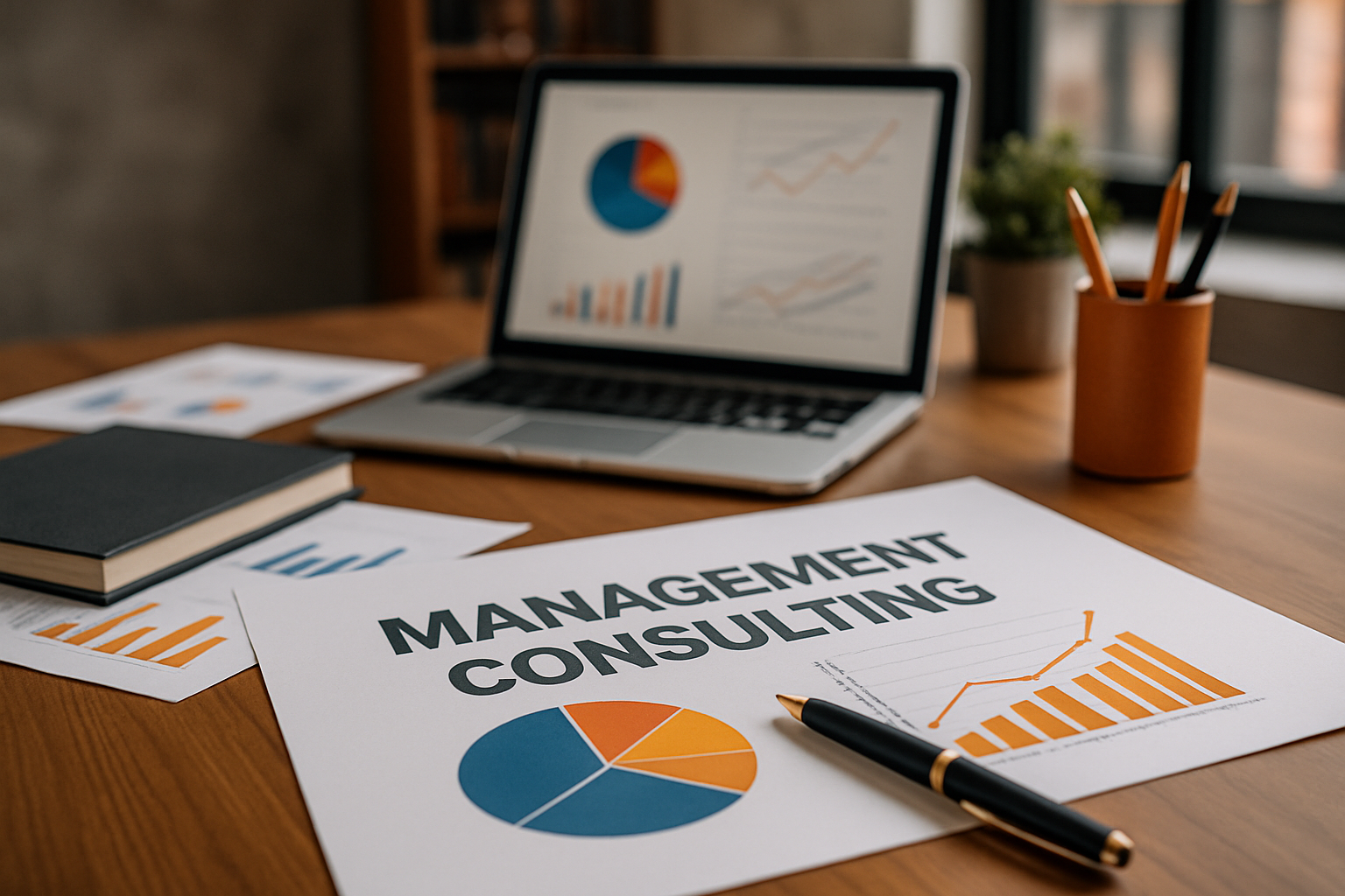 Sebuah meja kantor dengan laptop, grafik bisnis, buku catatan, dan alat tulis dengan aksen orange tua, berlatar jendela kantor tanpa kehadiran manusia.