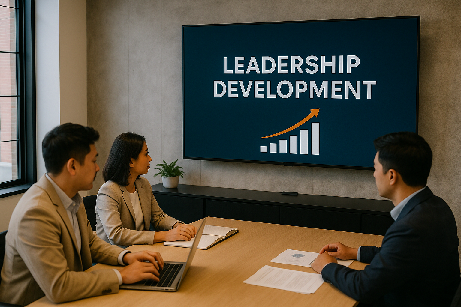 Ilustrasi ruang kerja modern tanpa kehadiran manusia, menampilkan meja kayu, laptop, kertas dokumen, dan background dinding dengan aksen oranye tua samar di salah satu sisi, menggambarkan suasana profesional dan fokus pada pengembangan kepemimpinan.