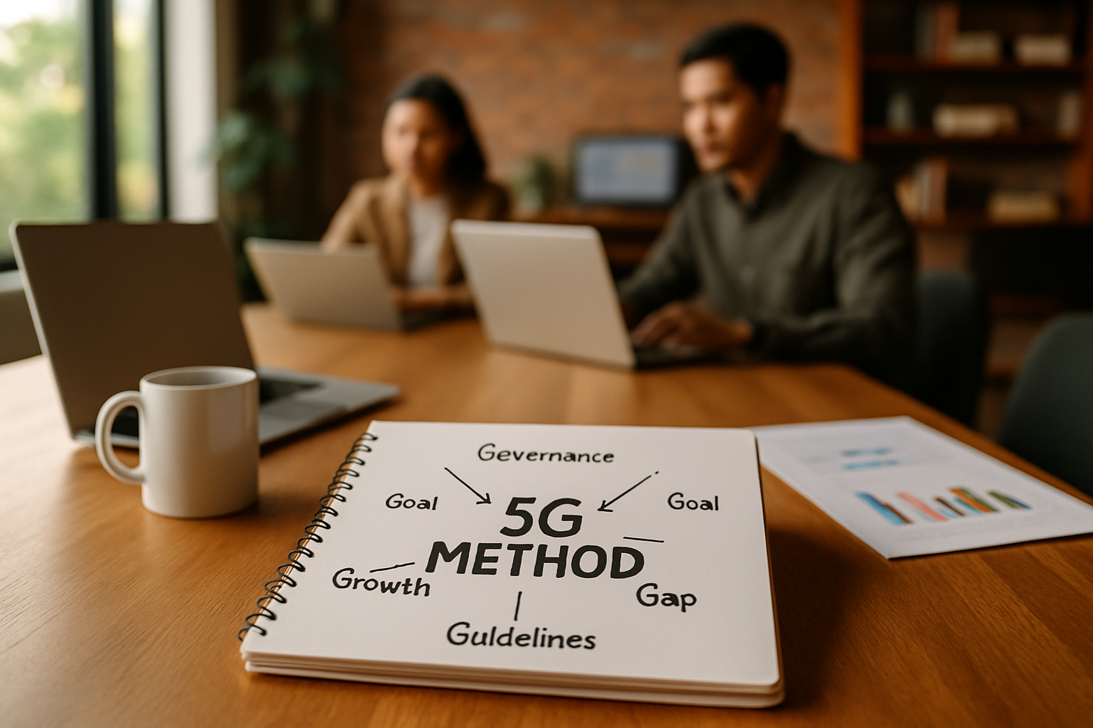 Sebuah foto realistik suasana kantor modern tanpa kehadiran manusia, menampilkan meja kayu dengan notebook bertuliskan diagram "5G Method", laptop, mug putih, dan sedikit aksen warna orange tua pada pencahayaan serta ornamen ruangan.
