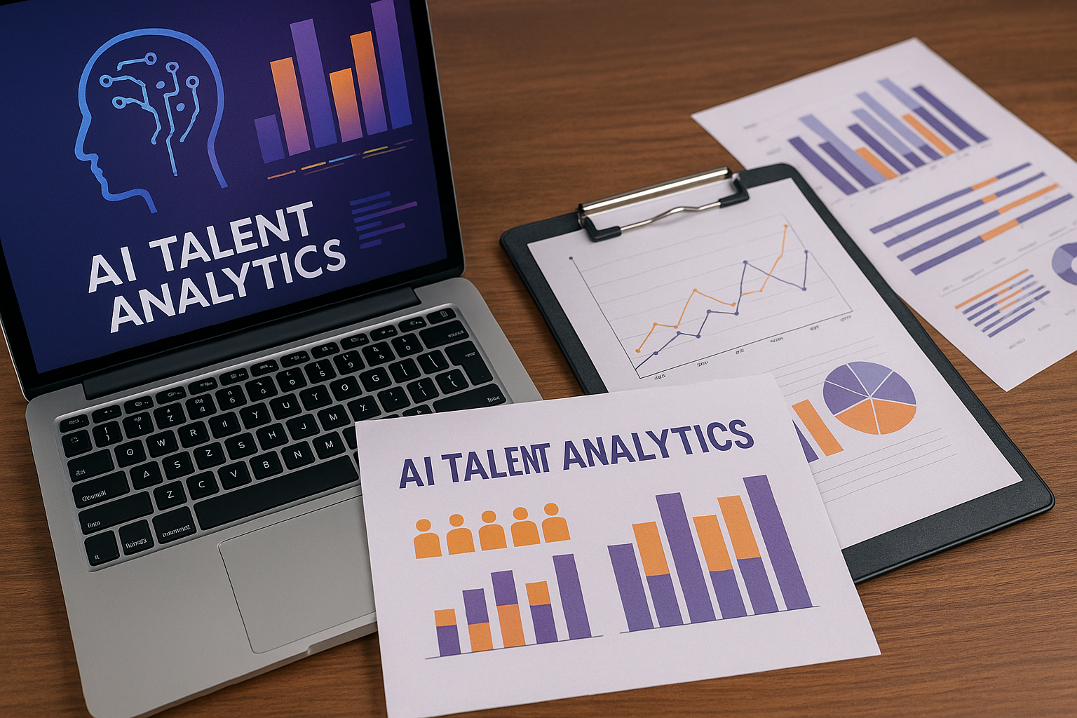 Foto landscape yang menampilkan suasana kerja modern tanpa manusia, dengan laptop, kertas grafik, dan clipboard bertema AI Talent Analytics HR Jakarta, menggunakan warna oranye dan ungu yang unik serta memvisualisasikan analisis data SDM berbasis AI yang sedang menjadi tren utama HR di Jakarta.