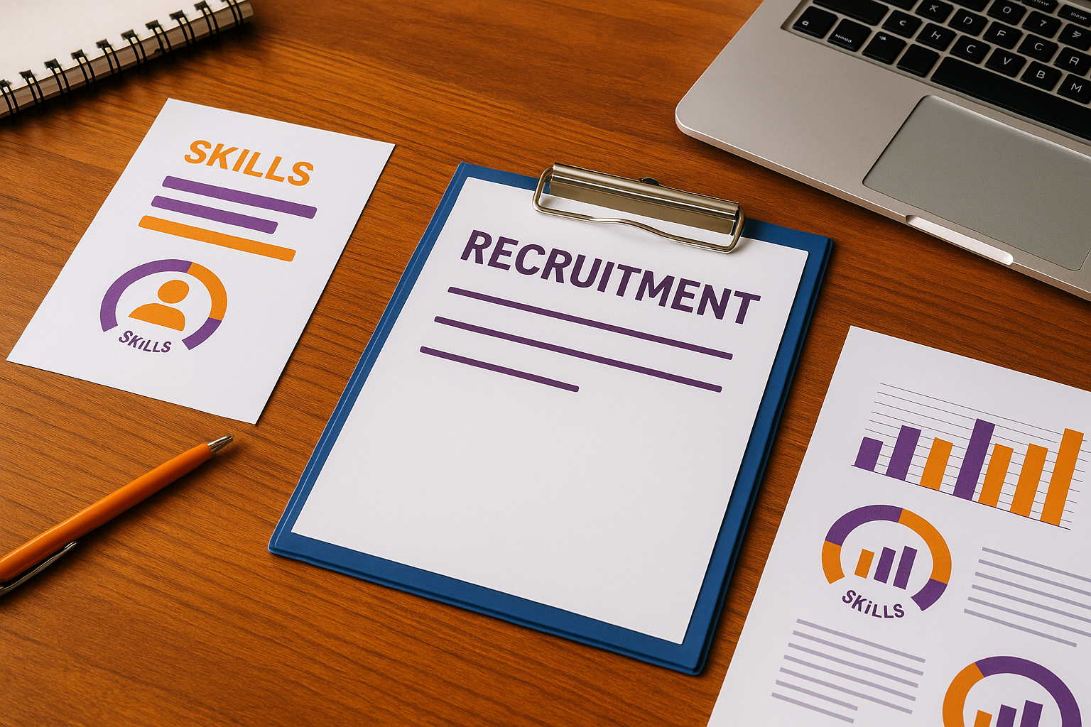 Foto landscape meja kerja dengan berbagai dokumen bertema strategi rekrutmen skill based Indonesia, menampilkan clipboard bertuliskan “recruitment”, grafik skills oranye-ungu, pena, dan laptop dalam suasana modern tanpa kehadiran manusia.