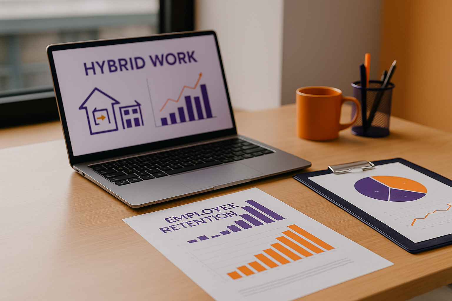 Foto realistik meja kerja hybrid modern tanpa manusia di kantor Jakarta, dengan laptop menampilkan data hybrid work dan laporan retensi karyawan berwarna oranye-ungu, visual unik untuk ilustrasi hybrid work retensi karyawan Indonesia.