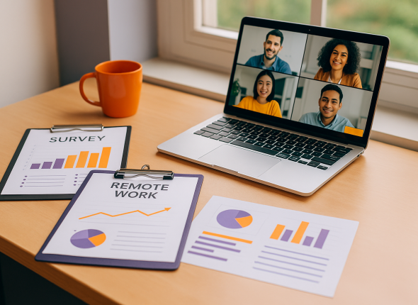 Meja kerja minimalis dengan laptop menampilkan video call tim, clipboard survey dan grafik bertema keterlibatan karyawan remote work, aksen oranye dan ungu, tanpa kehadiran manusia—visualisasi engagement kerja jarak jauh yang modern dan inspiratif.