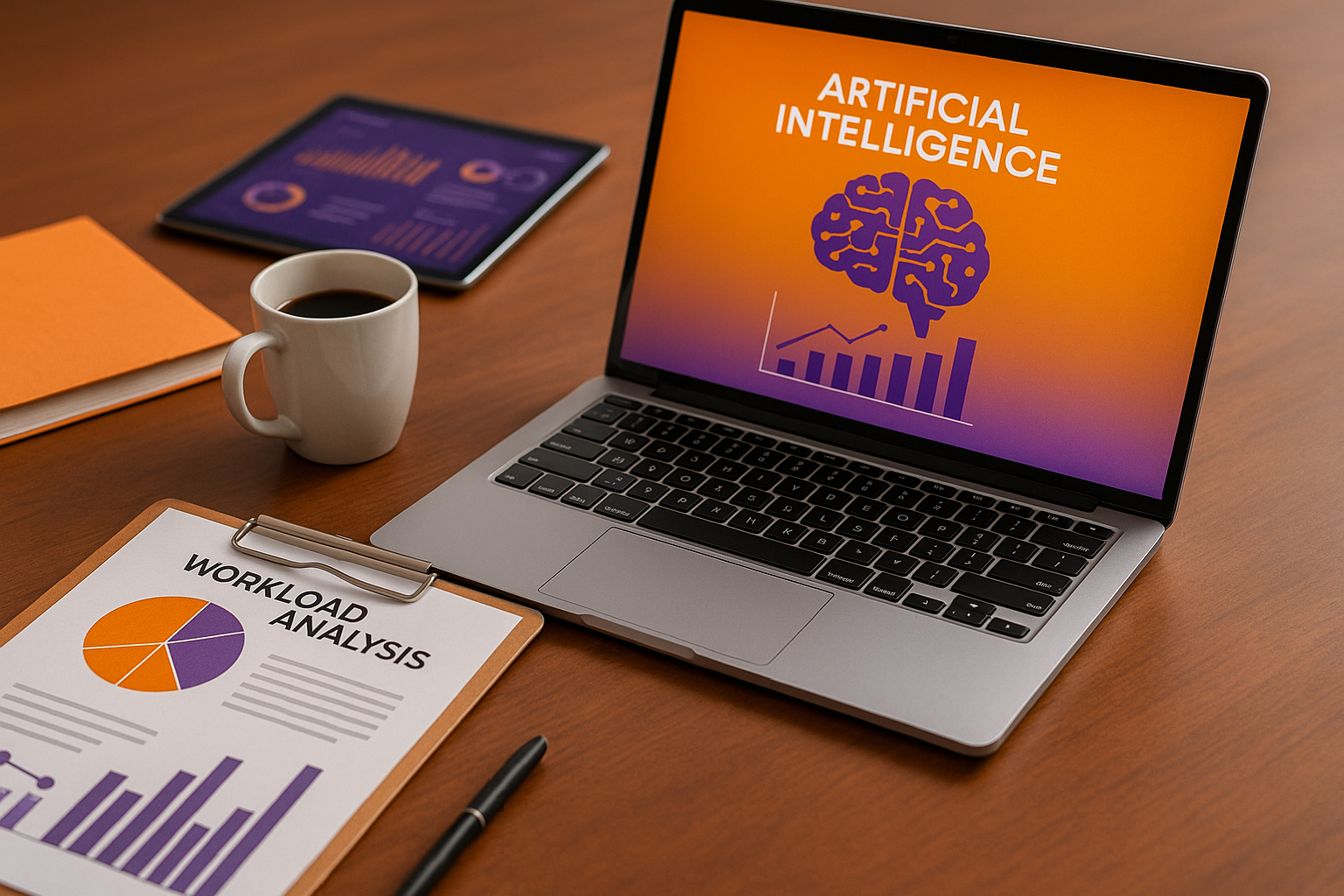 Foto landscape meja kerja modern tanpa manusia yang menampilkan perangkat digital HR AI dan laporan analisis beban kerja, dengan aksen oranye dan ungu yang menonjol, visual unik untuk tema digital hr ai beban kerja.