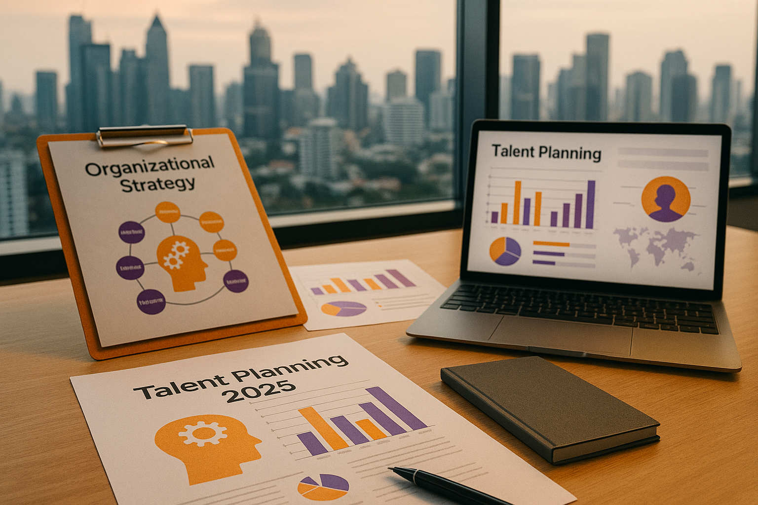 Foto realistik meja kerja organisasi di kantor modern kota besar, menampilkan dokumen talent planning organisasi 2025 dan strategi SDM, dengan laptop, grafik, dan aksen oranye-ungu, serta latar gedung pencakar langit Jakarta—visual unik yang menonjolkan tantangan talent planning organisasi kota besar.