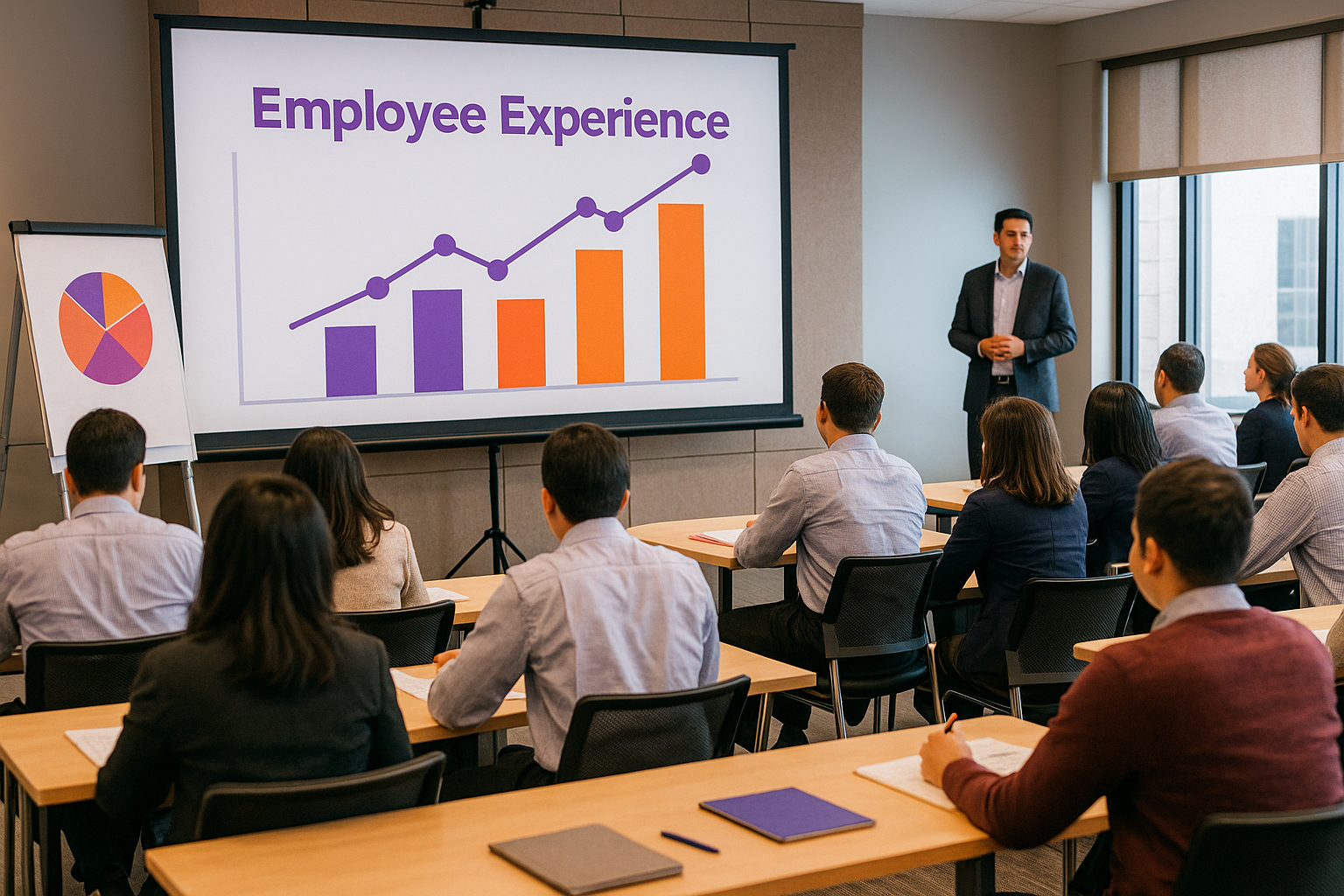 Suasana training profesional tren employee experience Indonesia 2025, menampilkan kelas pelatihan dengan peserta dan trainer, serta grafik engagement dan resonansi karyawan berwarna oranye dan ungu.