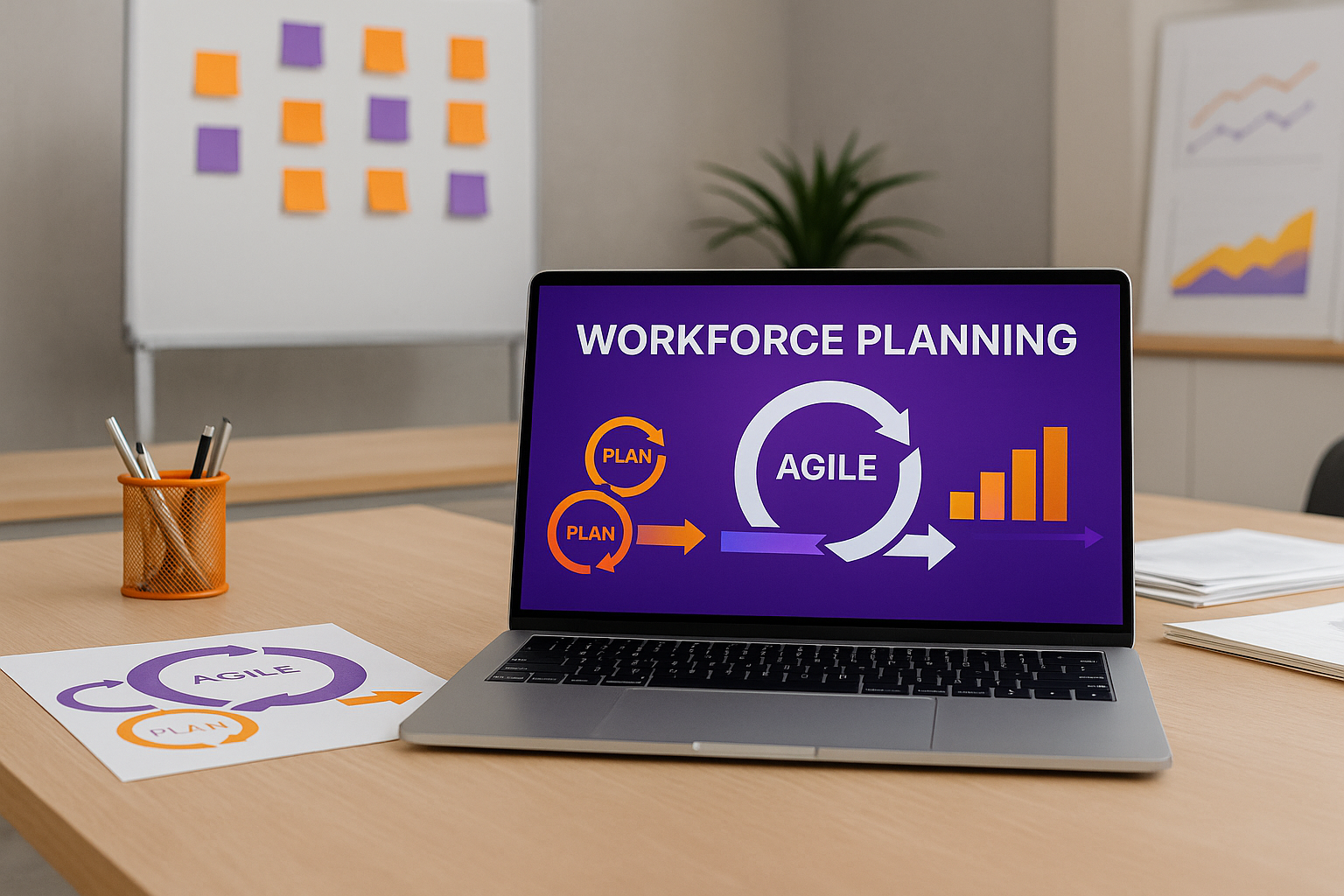 Meja kerja modern dengan laptop menampilkan diagram workforce planning agile, sticky notes oranye dan ungu di whiteboard, serta dokumen agile di Jakarta, menggambarkan opsi workforce planning agile Jakarta pasca pandemi secara kreatif dan unik.