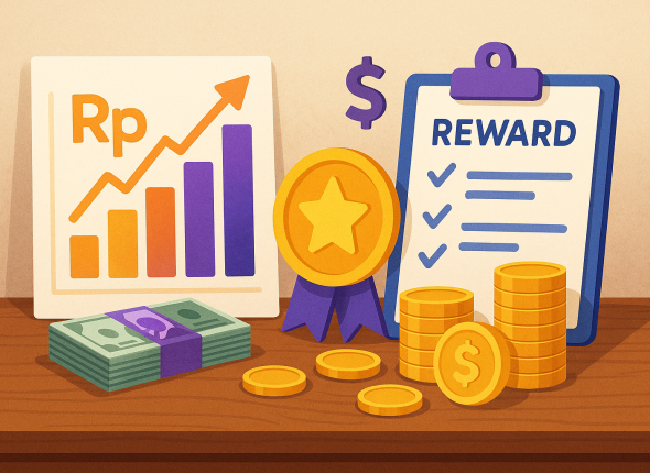 Ilustrasi sistem reward etis pasar Indonesia dengan grafis grafik pertumbuhan, medali penghargaan, uang tunai, koin emas, dan clipboard bertuliskan “reward” berwarna oranye dan ungu di atas meja kayu, visual unik tanpa manusia.