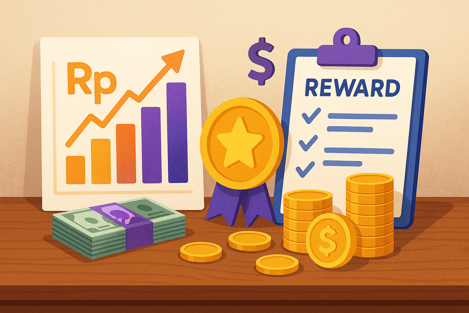 Ilustrasi sistem reward etis pasar Indonesia dengan grafis grafik pertumbuhan, medali penghargaan, uang tunai, koin emas, dan clipboard bertuliskan “reward” berwarna oranye dan ungu di atas meja kayu, visual unik tanpa manusia.