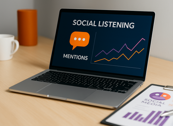 Meja kerja modern dengan laptop dan laporan analytics bertema oranye-ungu, menampilkan dashboard social listening HR Indonesia—visual unik yang merepresentasikan pentingnya pemantauan percakapan sosial untuk HR di Indonesia.