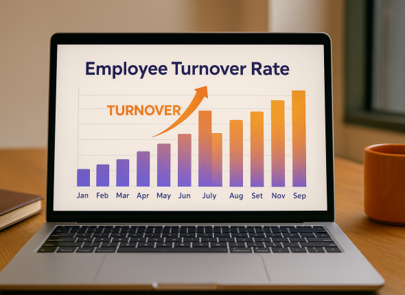 Visualisasi tren turnover karyawan HR Jabodetabek dalam bentuk grafik pada layar laptop, dikelilingi suasana meja kerja profesional dengan aksen oranye dan ungu, menggambarkan isu brain drain dan #KaburAjaDulu secara unik dan kontekstual.