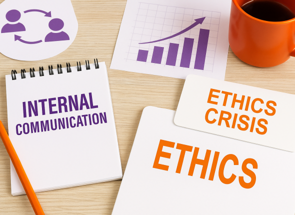 Tampilan meja kerja bertema komunikasi internal krisis etika HR, lengkap dengan notepad, dokumen etika, grafik oranye-ungu, dan suasana kantor profesional tanpa manusia—mewakili pentingnya komunikasi internal dalam mencegah krisis etika HR.