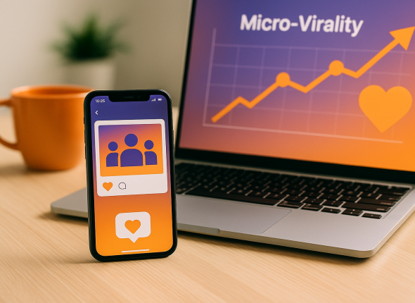 Meja kerja modern dengan smartphone dan laptop menampilkan grafik dan ikon engagement sosial media, menggambarkan konsep micro virality konten HR dengan aksen oranye dan ungu, visual yang unik dan relevan untuk strategi konten HR masa kini.