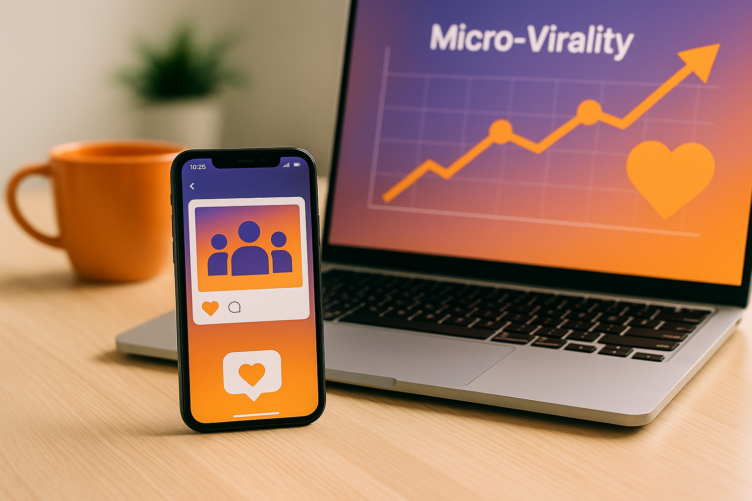 Meja kerja modern dengan smartphone dan laptop menampilkan grafik dan ikon engagement sosial media, menggambarkan konsep micro virality konten HR dengan aksen oranye dan ungu, visual yang unik dan relevan untuk strategi konten HR masa kini.