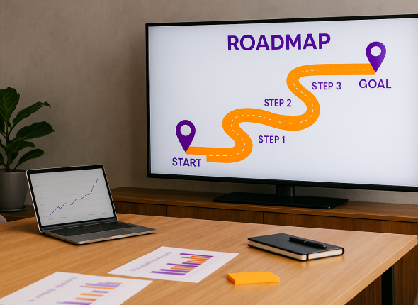 Meja konferensi modern dengan laptop, grafik roadmap bisnis, dan layar besar berisi peta langkah strategis beraksen oranye dan ungu, memvisualisasikan kolaborasi HR dan manajemen dalam membangun roadmap bisnis yang realistis di era digital.