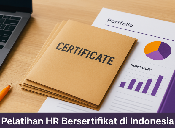 Meja kerja modern di Indonesia dengan dokumen pelatihan HR bersertifikat, portofolio, sertifikat, laptop, dan alat tulis beraksen oranye-ungu, mewakili suasana persiapan asesmen pelatihan HR bersertifikat Indonesia secara visual menarik dan unik.