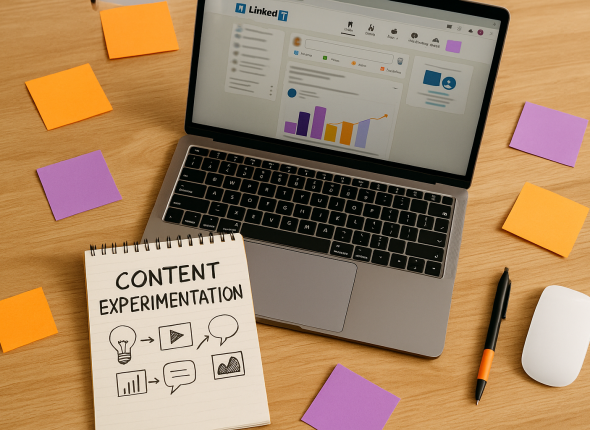 Meja kerja kreatif dengan laptop terbuka pada dashboard LinkedIn, notepad eksperimen konten, sticky notes oranye dan ungu, serta alat tulis, merepresentasikan content experimentation LinkedIn SDM dengan nuansa profesional dan inovatif.
