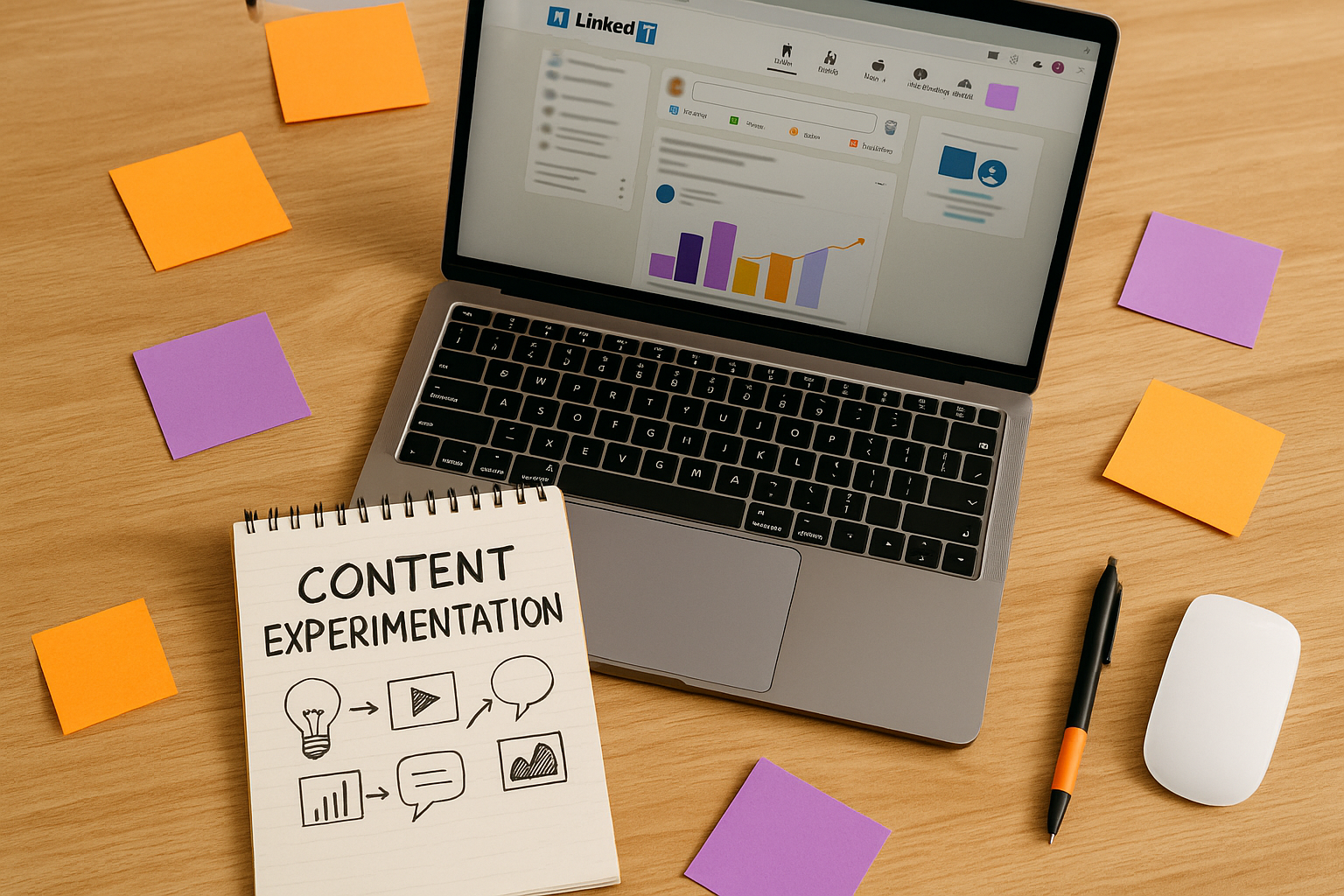 Meja kerja kreatif dengan laptop terbuka pada dashboard LinkedIn, notepad eksperimen konten, sticky notes oranye dan ungu, serta alat tulis, merepresentasikan content experimentation LinkedIn SDM dengan nuansa profesional dan inovatif.