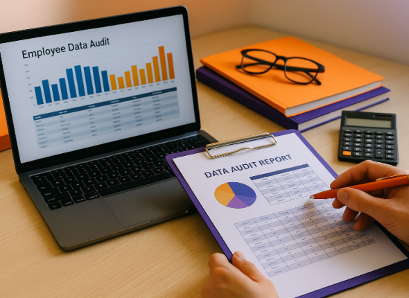 Audit data karyawan 2025 di HR Jabodetabek dengan perangkat modern, laporan grafis berwarna oranye dan ungu, serta suasana profesional yang mencerminkan penerapan penuh UU PDP.