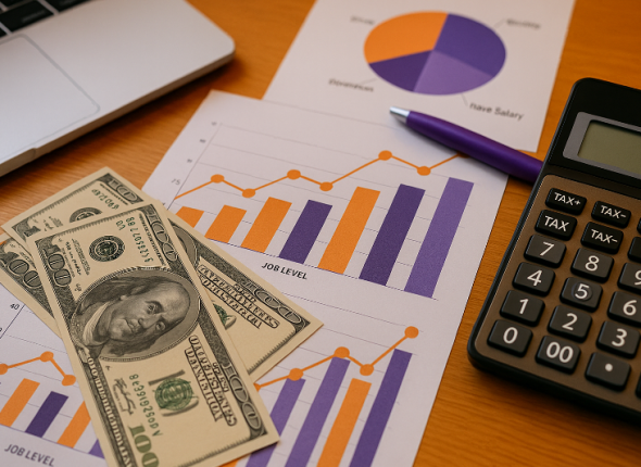 Ilustrasi strategi struktur gaji 2025 di Jabodetabek: grafik oranye dan ungu, kalkulator, serta laporan analisis gaji di meja kerja modern, menggambarkan efek formula UMP 2025 terhadap pay equity.