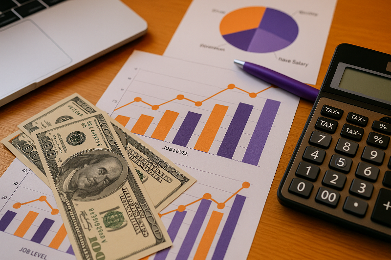 Ilustrasi strategi struktur gaji 2025 di Jabodetabek: grafik oranye dan ungu, kalkulator, serta laporan analisis gaji di meja kerja modern, menggambarkan efek formula UMP 2025 terhadap pay equity.