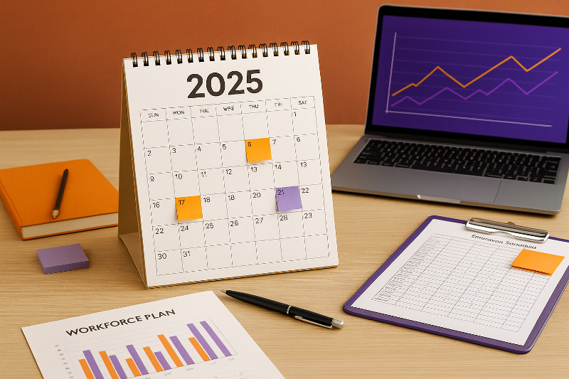 Meja kerja modern dengan kalender 2025, grafik perencanaan tenaga kerja, laptop berlayar grafik ungu-oranye, serta dokumen jadwal lembur di clipboard. Visual ini menggambarkan perencanaan tenaga kerja 2025 dengan nuansa profesional dan strategis.