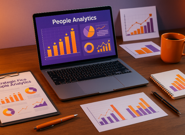 Workspace modern dengan laptop dan dokumen grafik berwarna oranye dan ungu yang menampilkan analisis data SDM, menggambarkan penerapan people analytics strategis di Indonesia tahun 2025 dengan nuansa profesional dan futuristik.