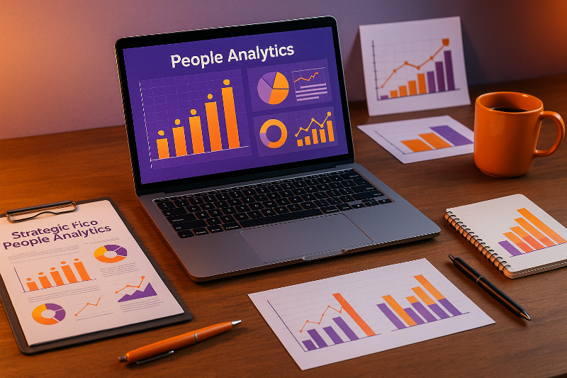 Workspace modern dengan laptop dan dokumen grafik berwarna oranye dan ungu yang menampilkan analisis data SDM, menggambarkan penerapan people analytics strategis di Indonesia tahun 2025 dengan nuansa profesional dan futuristik.