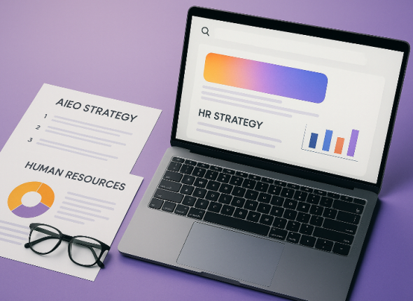 Strategi AIEO untuk HR divisualisasikan dalam suasana workspace modern tanpa manusia, menampilkan laptop dengan grafik analitik berwarna oranye dan ungu serta dokumen strategi HR, mencerminkan pendekatan kreatif konten HR agar tampil optimal di Google AI Overviews.