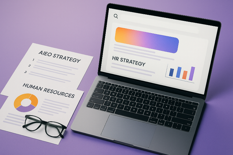 Strategi AIEO untuk HR divisualisasikan dalam suasana workspace modern tanpa manusia, menampilkan laptop dengan grafik analitik berwarna oranye dan ungu serta dokumen strategi HR, mencerminkan pendekatan kreatif konten HR agar tampil optimal di Google AI Overviews.