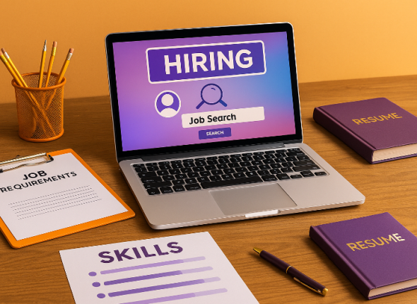 Meja kerja modern dengan laptop, dokumen keterampilan, dan resume berwarna ungu-oranye yang menonjol, memvisualisasikan rekrutmen berbasis keterampilan efektif sebagai pendekatan baru dalam HR di Asia Pasifik.