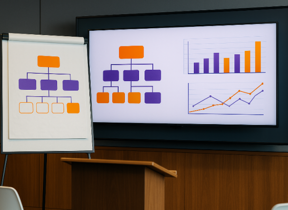 Suasana ruang presentasi profesional dengan layar besar menampilkan desain organisasi berbasis data dalam bentuk bagan struktur, grafik batang, dan grafik garis berwarna oranye dan ungu, mewakili pendekatan analitik modern dalam redesain organisasi.