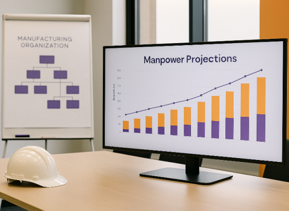 Foto realistik ruang rapat modern dengan layar besar menampilkan grafik proyeksi headcount manufaktur 2025 berwarna oranye dan ungu, serta papan bagan organisasi di sampingnya, mewakili konsep perencanaan tenaga kerja manufaktur di Bekasi–Karawang.
