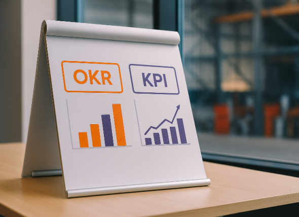 Flipchart modern menampilkan perbandingan OKR dengan KPI dalam bentuk grafik batang dan grafik garis berwarna oranye dan ungu, dengan latar ruang pabrik dan kantor yang buram sebagai simbol konteks implementasi di lapangan.