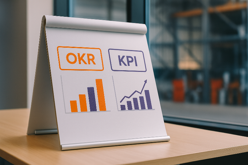 Flipchart modern menampilkan perbandingan OKR dengan KPI dalam bentuk grafik batang dan grafik garis berwarna oranye dan ungu, dengan latar ruang pabrik dan kantor yang buram sebagai simbol konteks implementasi di lapangan.