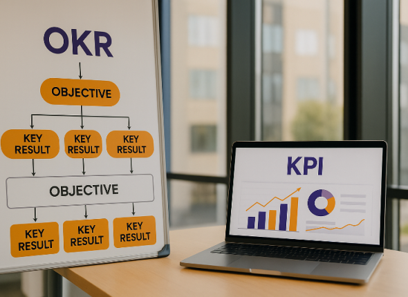 Foto realistik yang menampilkan implementasi OKR dan KPI di organisasi besar, dengan papan presentasi berisi struktur Objective-Key Result berwarna oranye-ungu, serta layar laptop menampilkan dashboard KPI berupa grafik batang dan lingkaran.