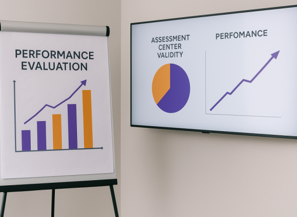 Suasana presentasi profesional di ruang kerja modern dengan flipchart dan layar besar yang menampilkan grafik validitas assessment center kinerja dalam bentuk bagan batang, pie chart, dan grafik garis berwarna oranye dan ungu, memvisualisasikan hubungan antara metode assessment center dan prediksi kinerja.