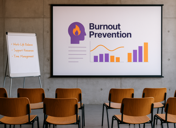 Auditorium kecil dengan layar proyektor besar menampilkan grafik berwarna oranye dan ungu tentang strategi pencegahan burnout hybrid, serta kursi-kursi kosong yang mencerminkan suasana persiapan sesi HR modern.