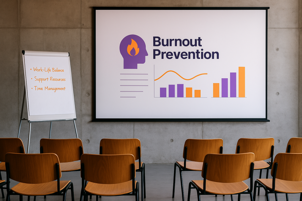 Auditorium kecil dengan layar proyektor besar menampilkan grafik berwarna oranye dan ungu tentang strategi pencegahan burnout hybrid, serta kursi-kursi kosong yang mencerminkan suasana persiapan sesi HR modern.