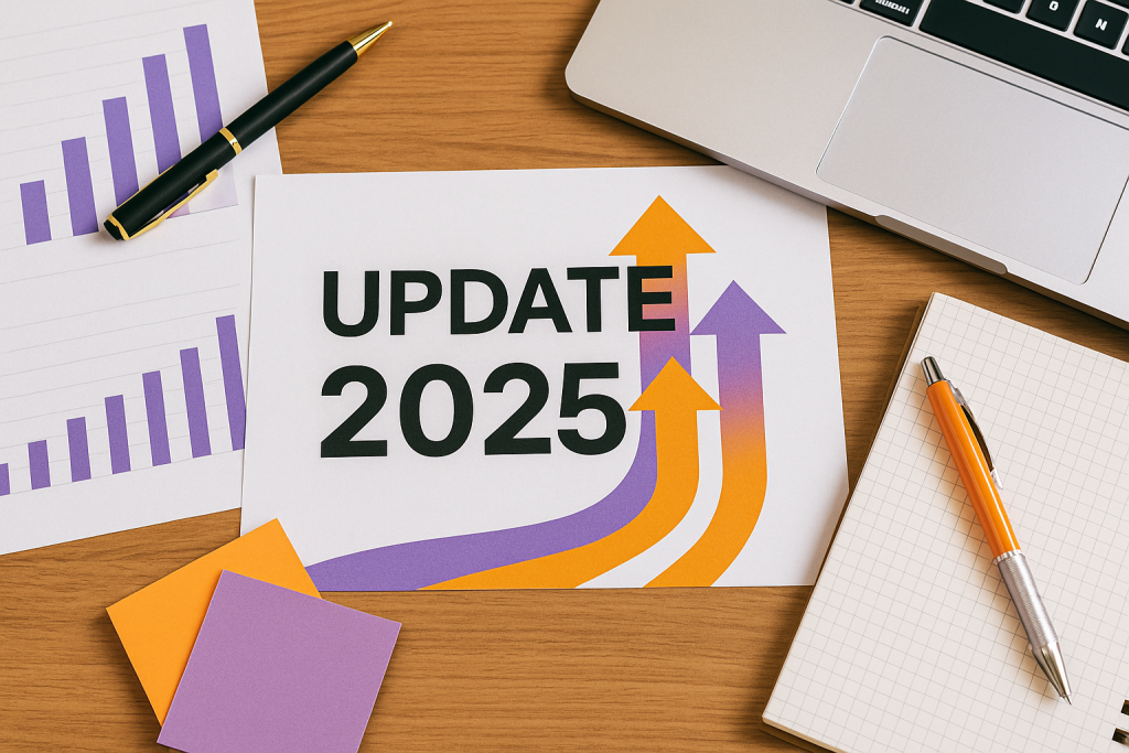 Meja kerja profesional dengan nuansa oranye dan ungu, menampilkan grafik, catatan, dan elemen visual bertema perubahan JKK JKM JHT 2025, menggambarkan suasana analisis kebijakan ketenagakerjaan secara modern dan unik.