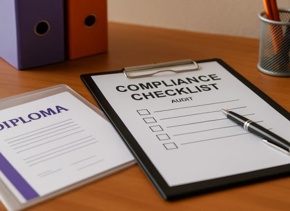 Foto audit checklist kepatuhan ketenagakerjaan dengan dokumen ijazah yang diletakkan terpisah, aksen oranye dan ungu, menggambarkan praktik kepatuhan ketenagakerjaan tanpa ijazah di Indonesia tahun 2025.