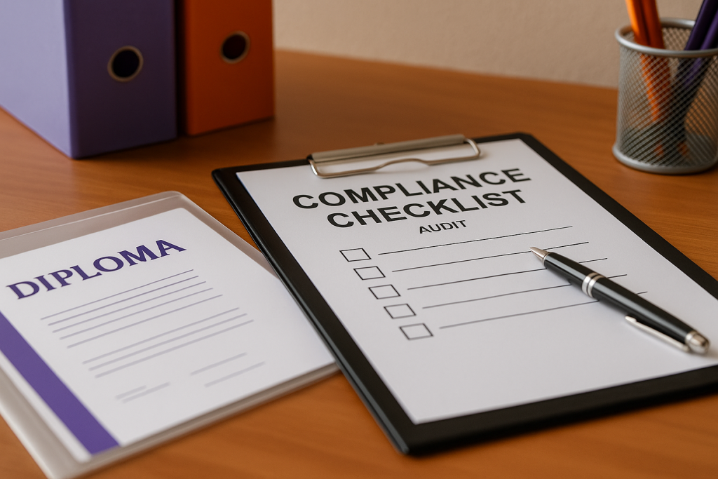 Foto audit checklist kepatuhan ketenagakerjaan dengan dokumen ijazah yang diletakkan terpisah, aksen oranye dan ungu, menggambarkan praktik kepatuhan ketenagakerjaan tanpa ijazah di Indonesia tahun 2025.