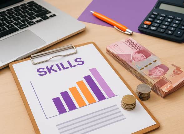 Foto realistik uang rupiah, koin, kalkulator, dan grafik keterampilan berwarna oranye-ungu di atas meja kantor modern, menggambarkan konsep kompensasi berbasis keterampilan efektif di Indonesia secara profesional dan menarik.