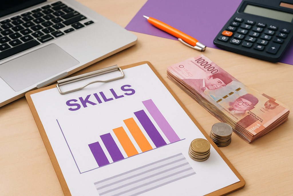 Foto realistik uang rupiah, koin, kalkulator, dan grafik keterampilan berwarna oranye-ungu di atas meja kantor modern, menggambarkan konsep kompensasi berbasis keterampilan efektif di Indonesia secara profesional dan menarik.