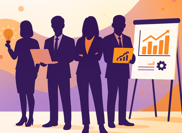 Ilustrasi visual keterampilan paling dicari 2025 di Jabodetabek, menampilkan siluet profesional dengan simbol kreativitas, teknologi, dan analitik dalam nuansa oranye dan ungu, menggambarkan tren kompetensi baru yang dominan di dunia kerja Indonesia.