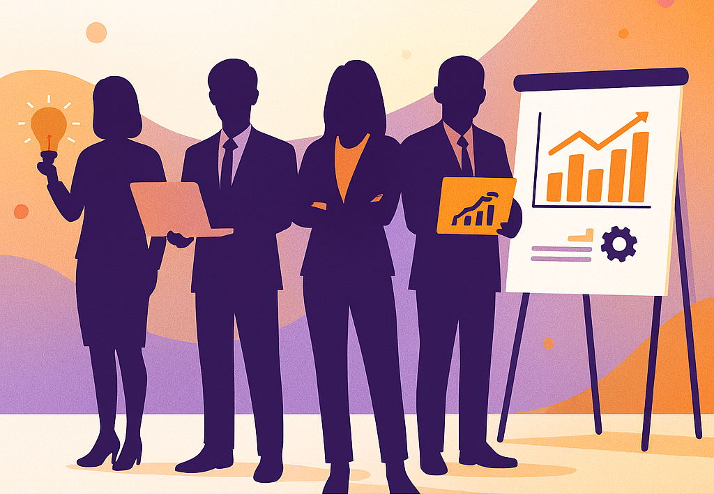 Ilustrasi visual keterampilan paling dicari 2025 di Jabodetabek, menampilkan siluet profesional dengan simbol kreativitas, teknologi, dan analitik dalam nuansa oranye dan ungu, menggambarkan tren kompetensi baru yang dominan di dunia kerja Indonesia.