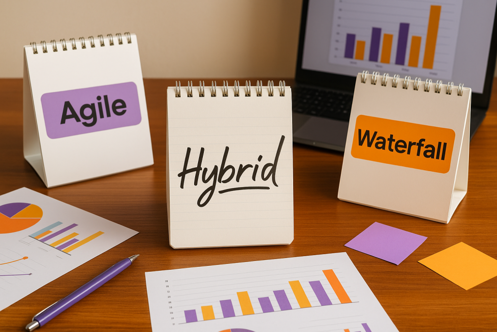 Workspace kreatif menampilkan ilustrasi metodologi proyek HRIS hybrid dengan simbol Agile, Waterfall, dan Hybrid di meja kerja, dihiasi grafik analitik berwarna oranye dan ungu, merepresentasikan metodologi proyek HRIS hybrid secara profesional dan unik.